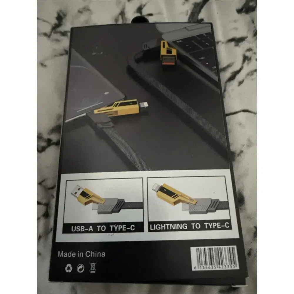 4-in-1 Fast Charge Flat Wire USB-A to USB-C & Cable 1.2M Black/Yellow